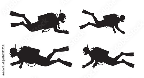 Set of scuba diver silhouettes in various underwater poses, isolated black vector on white background