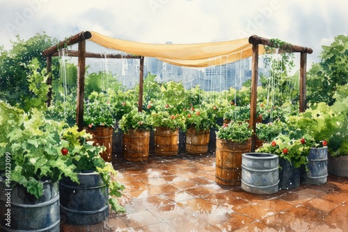 Obraz na płótnie Rooftop garden with lush plants in wooden barrels, shaded by a canopy, overlooking a city skyline on a bright day. w salonie