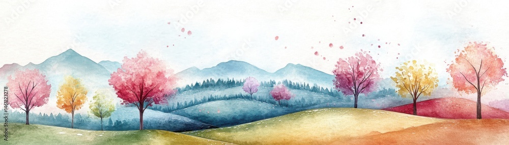 A colorful watercolor landscape featuring rolling hills, distant mountains, and vibrant trees in pink, yellow, and red hues.
