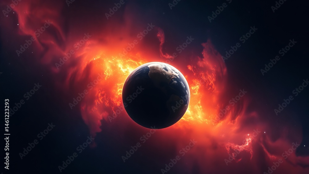 Naklejka premium A fiery red nebula dramatically surrounds a dark planet in the vast expanse of outer space, a cosmic scene of intense energy and beauty.