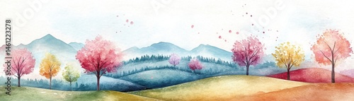 Obraz na płótnie A colorful watercolor landscape featuring rolling hills, distant mountains, and vibrant trees in pink, yellow, and red hues. w salonie