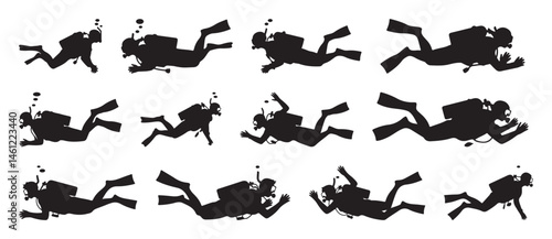 Set of scuba diver silhouettes in various underwater poses, isolated black vector on white background