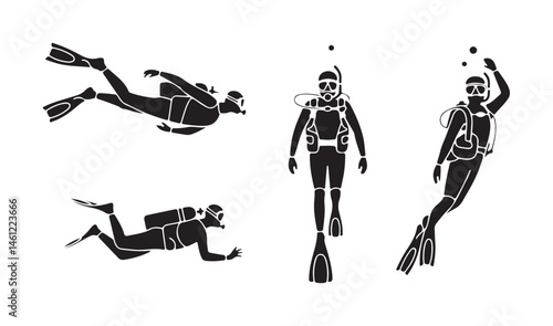 Set of scuba diver silhouettes in various underwater poses, isolated black vector on white background