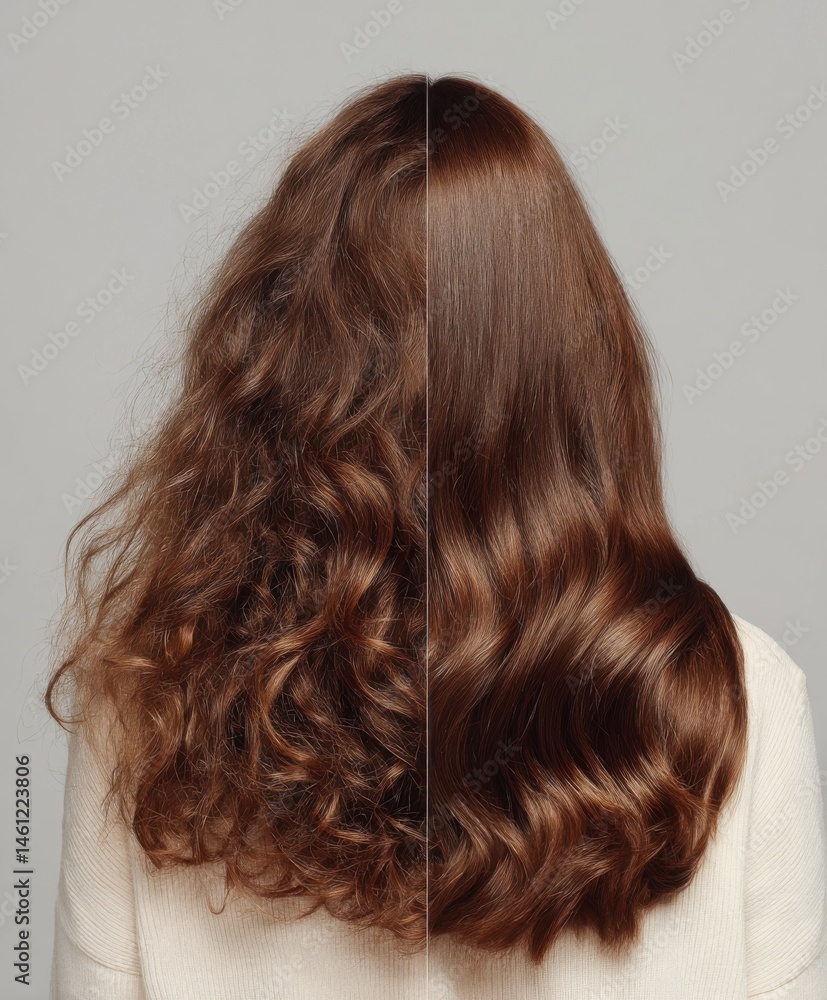 Fototapeta premium girl hair back of head, hair demonstration. On one side wavy curly hair dry and bad. on the other perfectly straight, straightened with a straightener, beautiful shiny hair