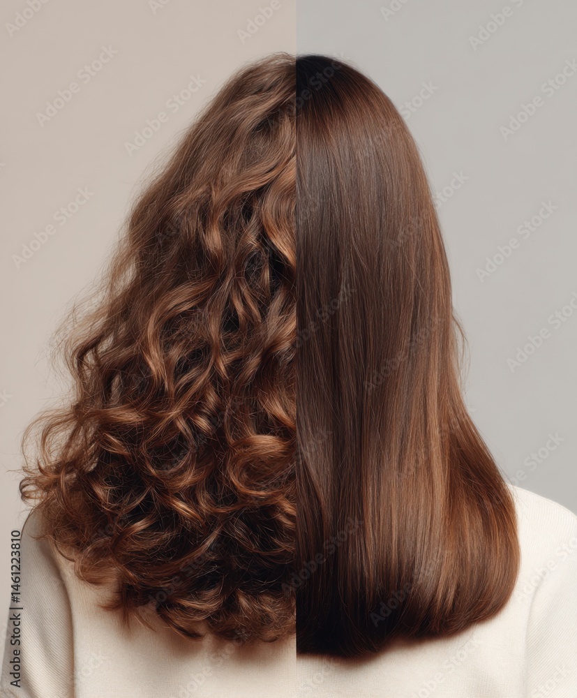 Naklejka premium girl hair back of head, hair demonstration. On one side wavy curly hair dry and bad. on the other perfectly straight, straightened with a straightener, beautiful shiny hair