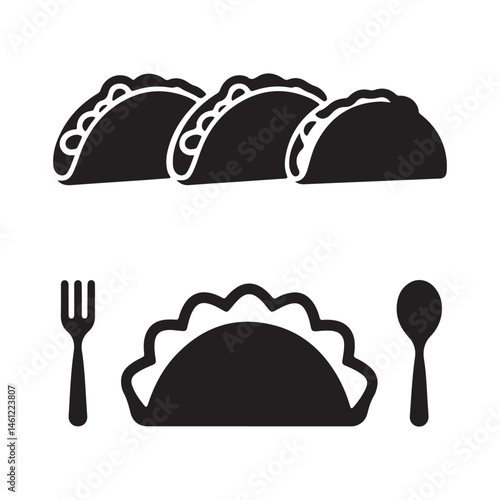 loaf of bread and taco fastfood with spoon silhouette vector icon set design illustrations