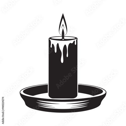Black Candle Burning with Dripping Wax on Saucer Plate for Home Decor Blogs, Meditation Websites, Spiritual Articles, and Wellness Content  