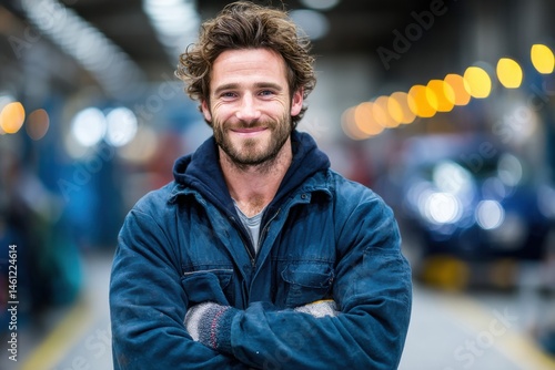 Half-length portrait of a confident auto mechanic in clean uniform and gloves, arms crossed or holding a wrench, standing in front of a blurred automobile background inside a bright