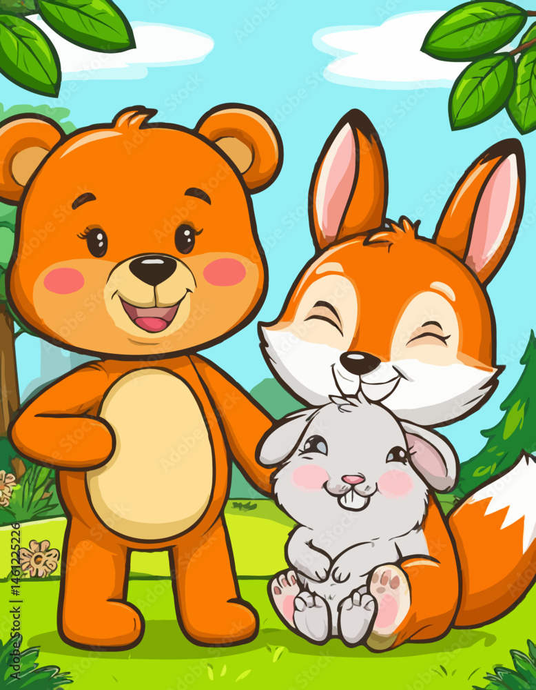 Fototapeta premium Cheerful animals enjoying friendship in a vibrant forest 