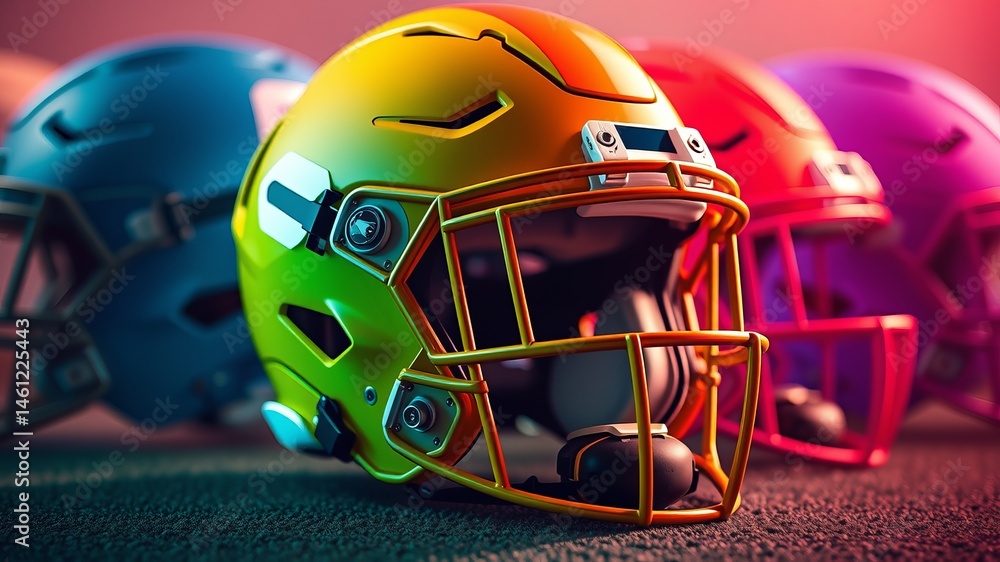 A row of vibrant colorful American football helmets sits on a dark surface showcasing dynamic designs and bright hues. A row of vibrant colorful American football helmets sits on a dark surface showcasing dynamic designs and bright hues.