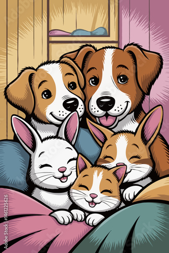 Adorable pets snuggling together in a cozy blanket  