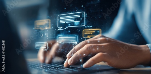 Customer person using online chat service to get support. Online support Chatbot conversation.Virtual assistant, artificial intelligence and CRM software automation technology.