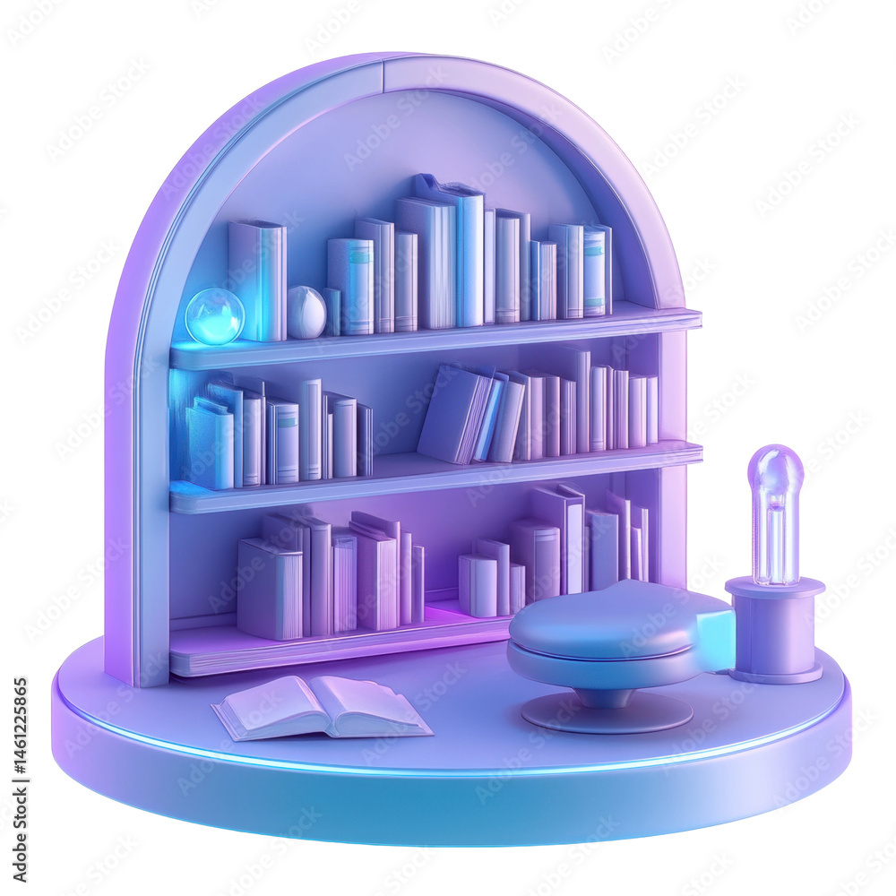 Futuristic purple bookshelf with books and neon elements, cut out - stock png. Futuristic purple bookshelf with books and neon elements, cut out - stock png.
