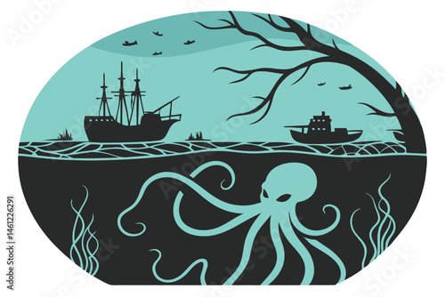 36 Circular composition, silhouettes of ships at sea, teal sky, dark water, underwater tentacles, surreal underwater roots, eerie atmosphere, contrast between above and below, mysterious ocean depths,