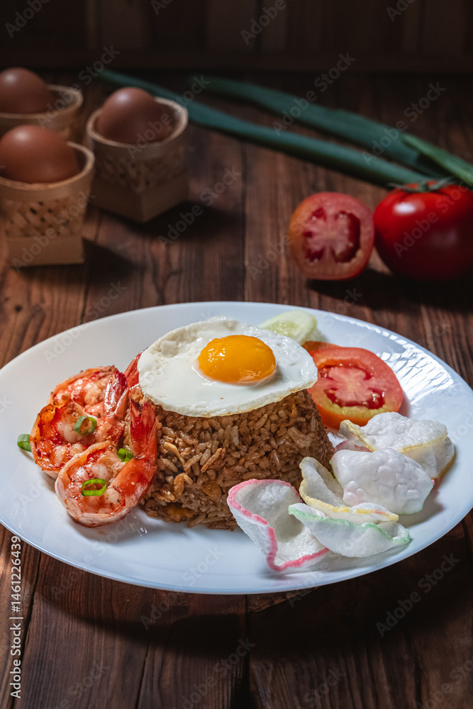 A plate of Indonesian fried rice with sunny side up egg, shrimp, crackers, cucumber, and tomato, garnished with scallions on a white plate over rustic wooden table