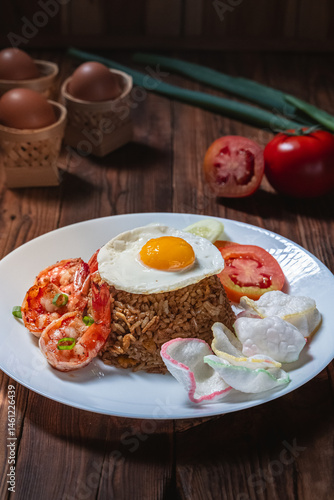 Obraz na płótnie A plate of Indonesian fried rice with sunny side up egg, shrimp, crackers, cucumber, and tomato, garnished with scallions on a white plate over rustic wooden table w salonie