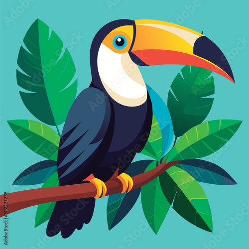 Cute toucan perched on a branch.