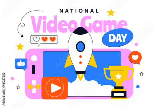 National Video Game Day Vector Illustration Featuring a Modern Game Console, Professional Gamer Setup, and Live Streaming Concept Background