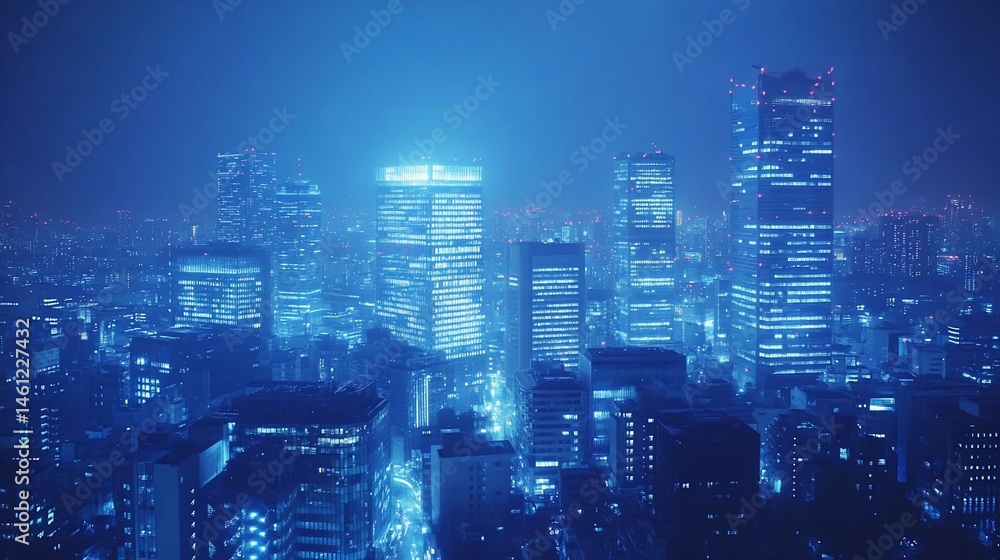 Fototapeta premium A mesmerizing aerial view of a modern city at night bathed in blue light showing tall buildings