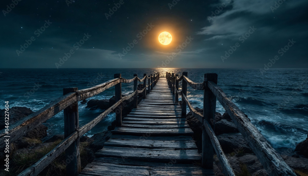 Fototapeta premium A serene night scene with a wooden pier extending into the ocean, illuminated by a full moon