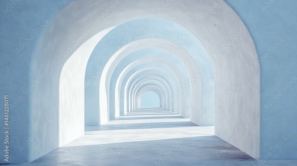 Endless Arches: A Minimalist Perspective of a light blue Architectural Space Endless Arches: A Minimalist Perspective of a light blue Architectural Space