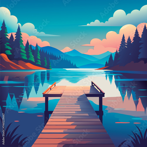 Peaceful lake dock at sunrise.