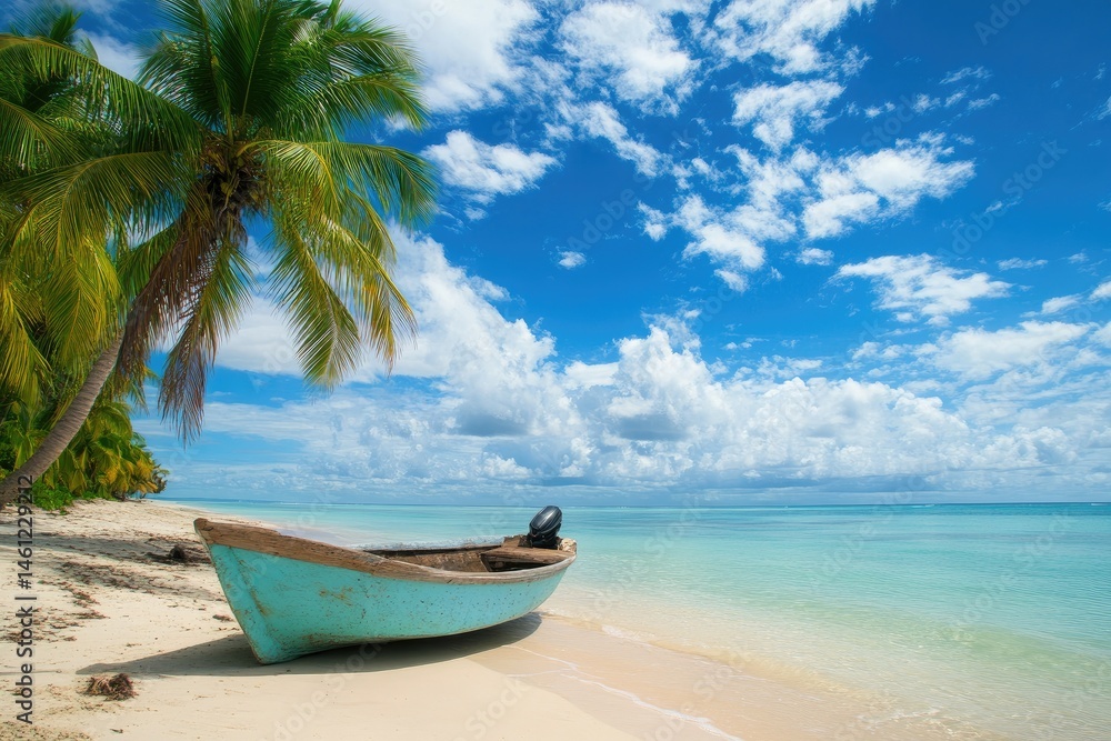 Tropical beach scene with palm trees and a small boat Tropical beach scene with palm trees and a small boat