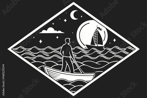 37 Silhouette illustration, nautical scene, man standing on water, small boat, large ship, stylized waves, night sky, stars, clouds, moonlight, minimalist design, monochromatic, dark background, white