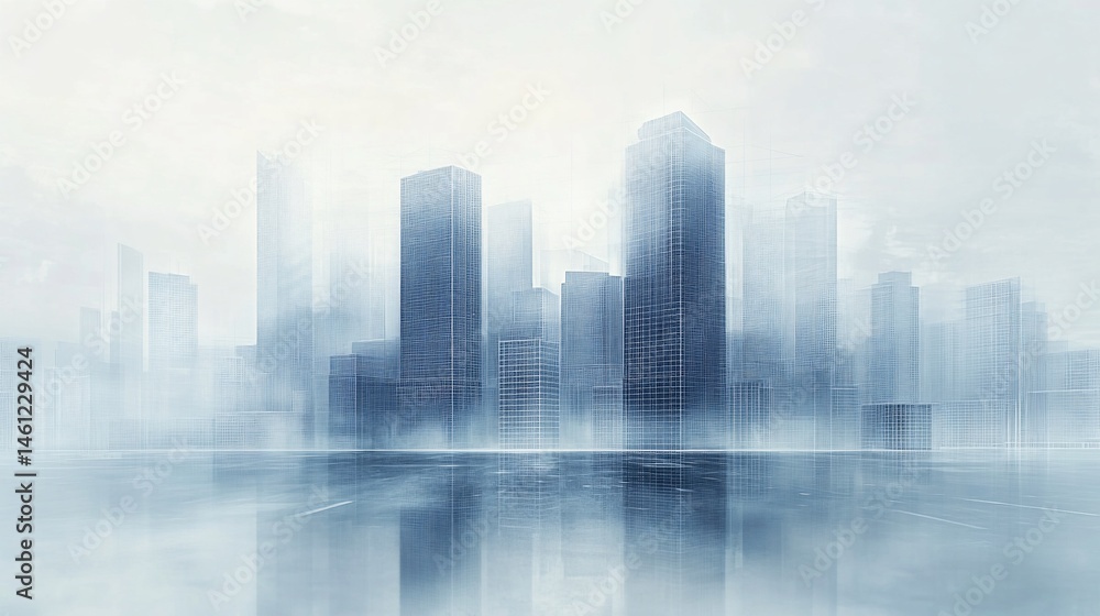 Abstract Blue Cityscape with Reflections and Foggy Atmosphere in a Minimalist Style Abstract Blue Cityscape with Reflections and Foggy Atmosphere in a Minimalist Style