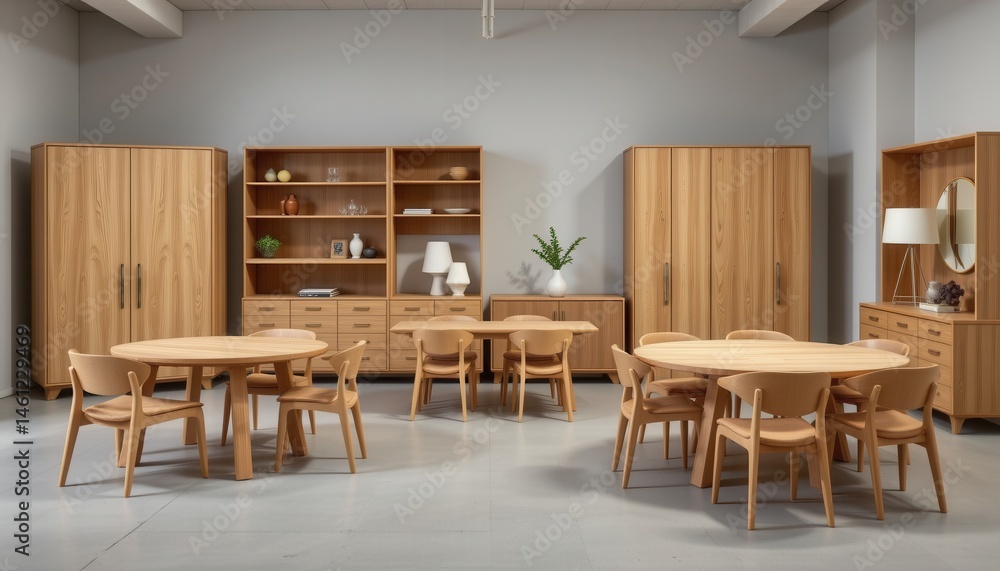 Fototapeta premium furniture arrangement with wooden tables and cabinets, showcasing minimalistic and natural design styles.