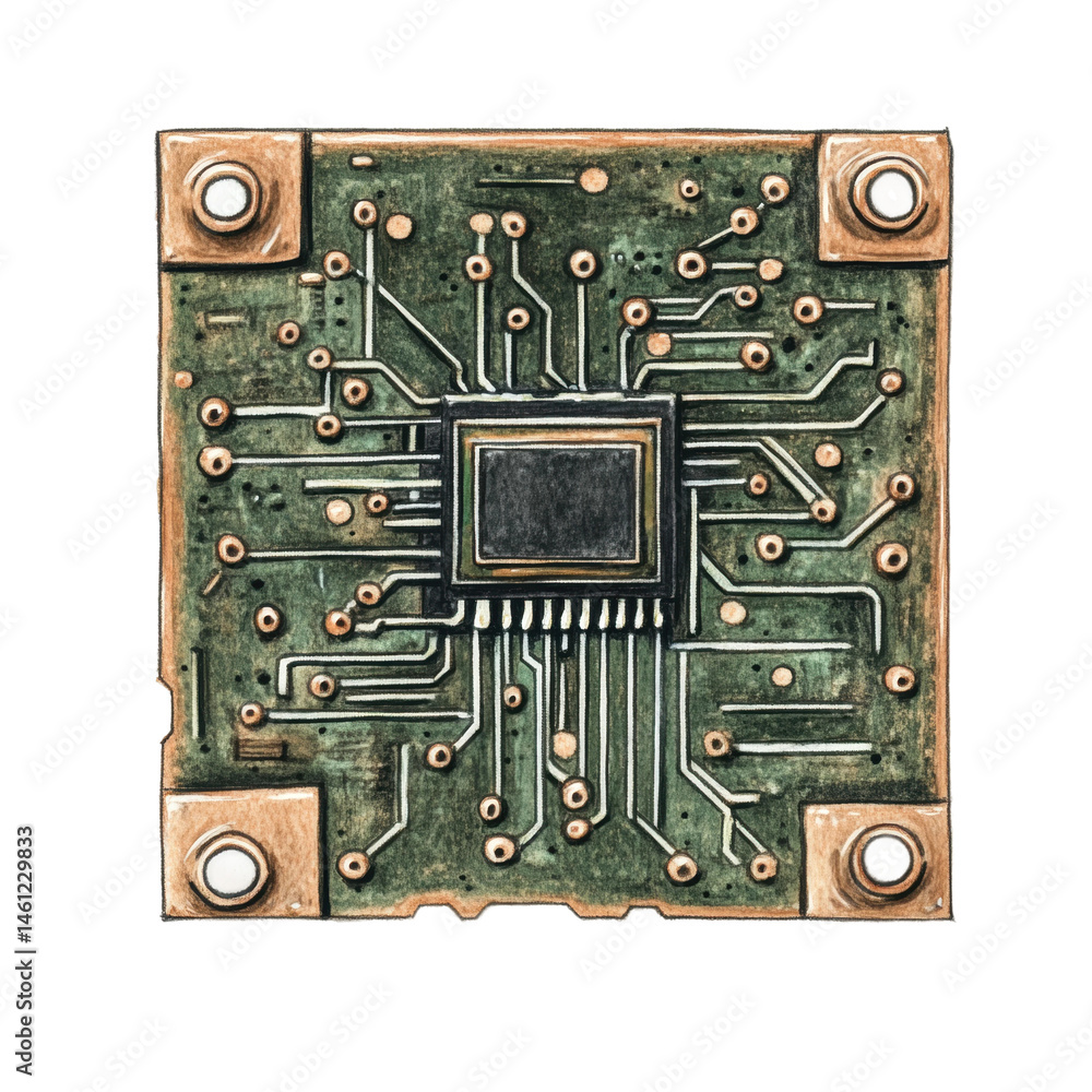 Fototapeta premium Microchip circuit board with copper traces and connection points, cut out - stock png.