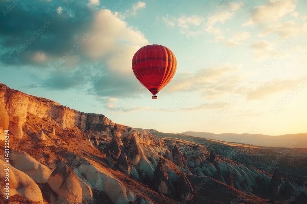 Red hot air balloon over dramatic rock formations at sunrise Red hot air balloon over dramatic rock formations at sunrise