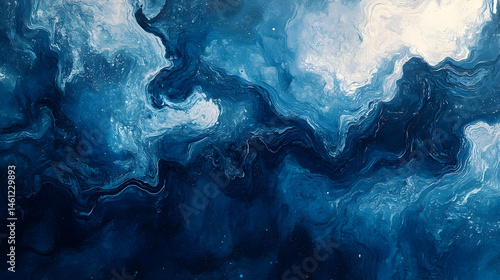 Abstract painting with deep blue and white swirls.