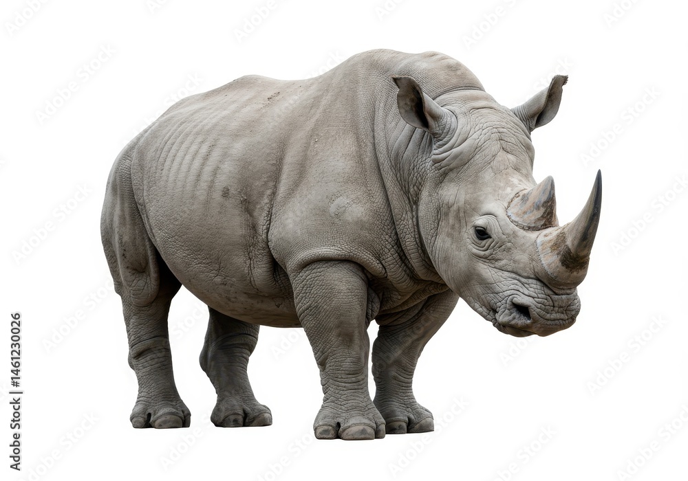 Obraz premium Rhino standing isolated on white background, showcasing its powerful build and horns