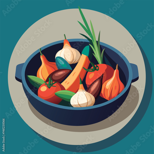 Colorful autumn vegetables in a pot.