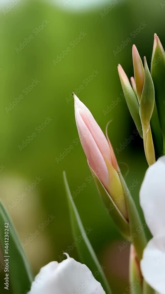 Elegant gladiolus flowers in full bloom, showcasing delicate white petals with subtle orange markings and vibrant green stems. Elegant gladiolus flowers in full bloom, showcasing delicate white petals with subtle orange markings and vibrant green stems.