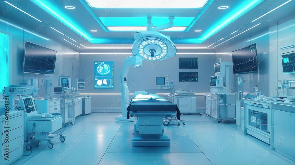 Hospital room with a large operating table and a neon blue ceiling. The room is bright and sterile, with a sense of urgency and importance Hospital room with a large operating table and a neon blue ceiling. The room is bright and sterile, with a sense of urgency and importance