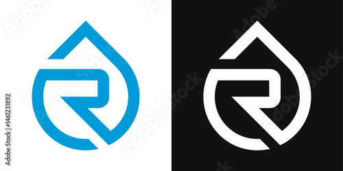 Simple R logo in water droplet. Plumbing and water service vector symbol.