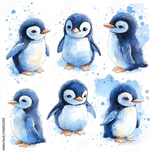 Cute watercolor illustration of adorable penguins in various poses, perfect for children's themes and nature projects.