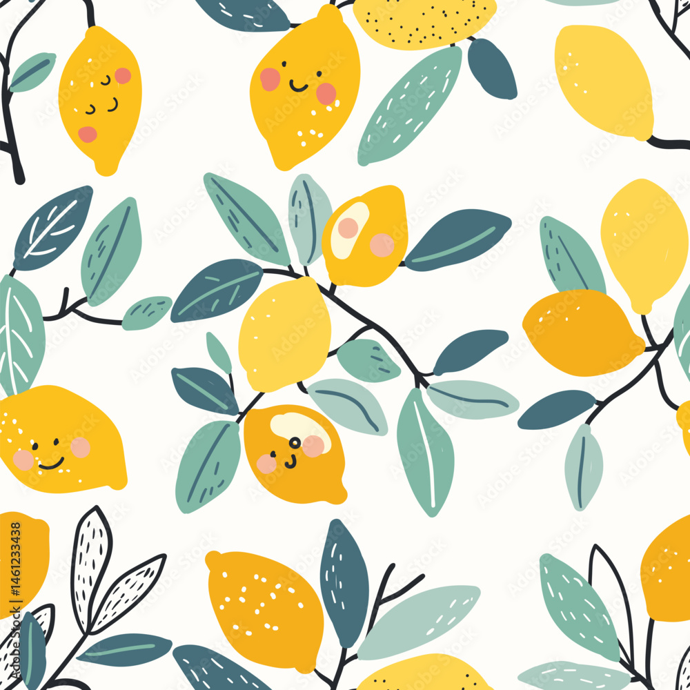 Obraz premium Seamless pattern with cute smiling lemons hanging on branches with leaves, ideal for creating fabrics, wrapping paper, wallpapers, and backgrounds for various projects