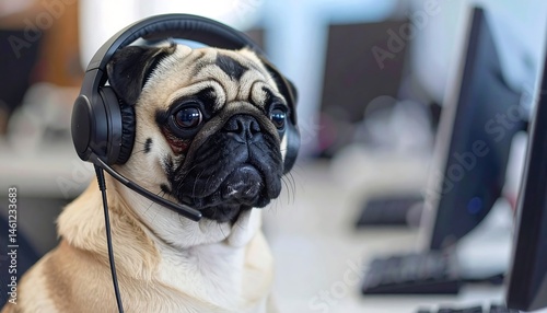 Pug Dog Wearing Headset at Office Desk