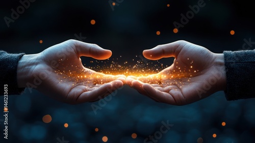 Two hands gently holding a luminous, golden spark between them, bathed in a dark, ethereal glow