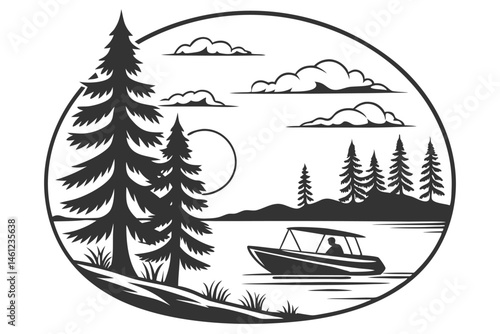 40 black and white illustration, circular composition, lakeside scene, silhouette art, pine trees, motorboat, calm water, sun, clouds, minimalist design, woodcut style, high contrast, tranquil atmosph