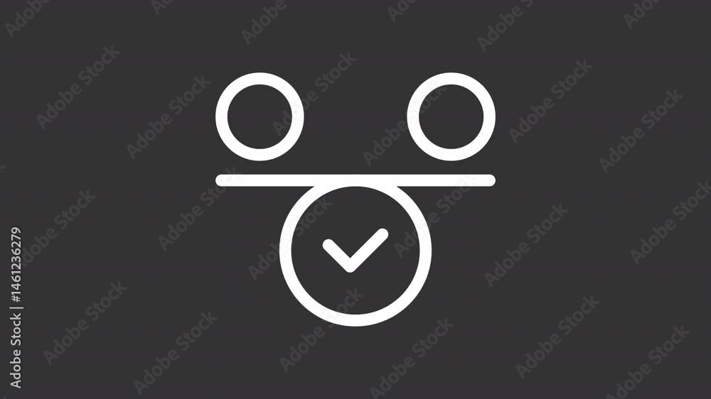Weight balance ui icon white line animation. Moving line. Complete mark showing up. Success, accomplishment. Scales comparison animated user interface element on dark background. Transparent HD video Weight balance ui icon white line animation. Moving line. Complete mark showing up. Success, accomplishment. Scales comparison animated user interface element on dark background. Transparent HD video