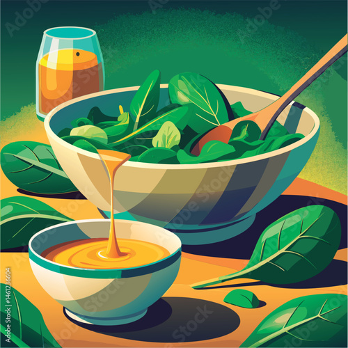 Fresh spinach salad dressing being poured.