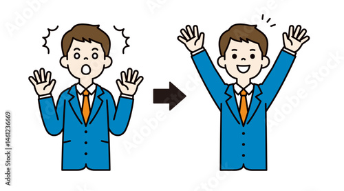驚いた表情と大喜びする表情の、若いビジネスマンのベクターイラスト素材＿線幅の編集可能＿カラー