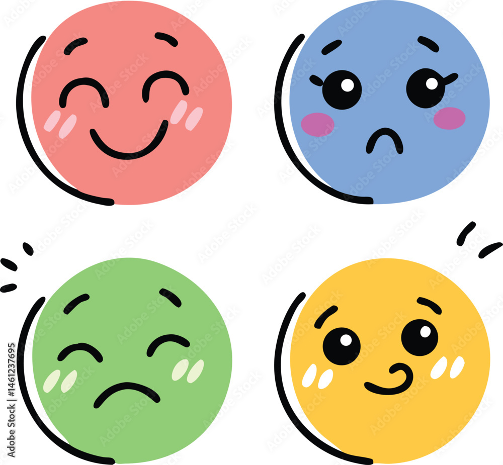 Round Emoji Faces with Emotions. Cute Colorful Expression Icons Set Round Emoji Faces with Emotions. Cute Colorful Expression Icons Set