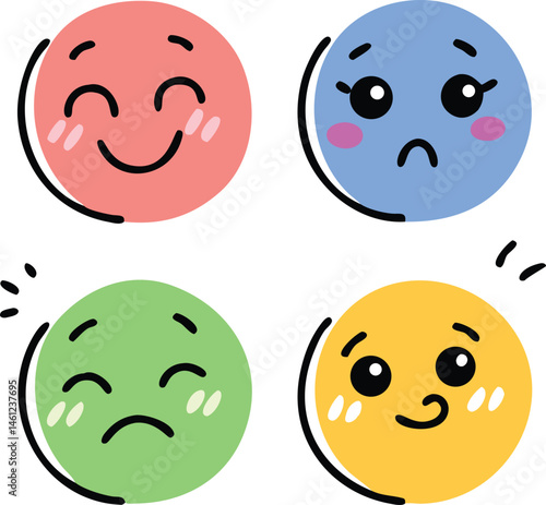 Round Emoji Faces with Emotions. Cute Colorful Expression Icons Set