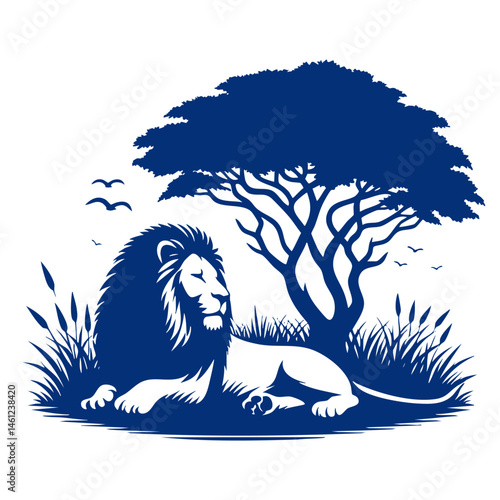 Majestic Lion Resting Under African Acacia Tree: A Serengeti Sunset Silhouette