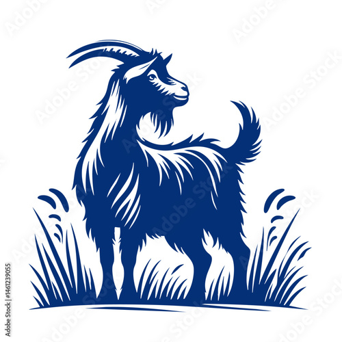 Majestic Goat in a Field: A Stunning Blue Silhouette Vector Graphic